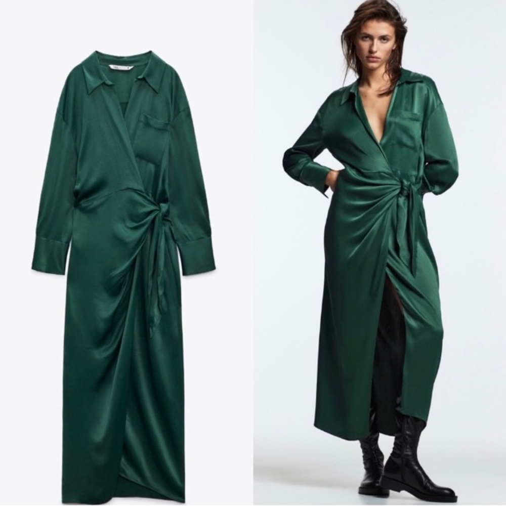 Zara NWT long sleeve silk green wrap dress - Picture 1 of 10
